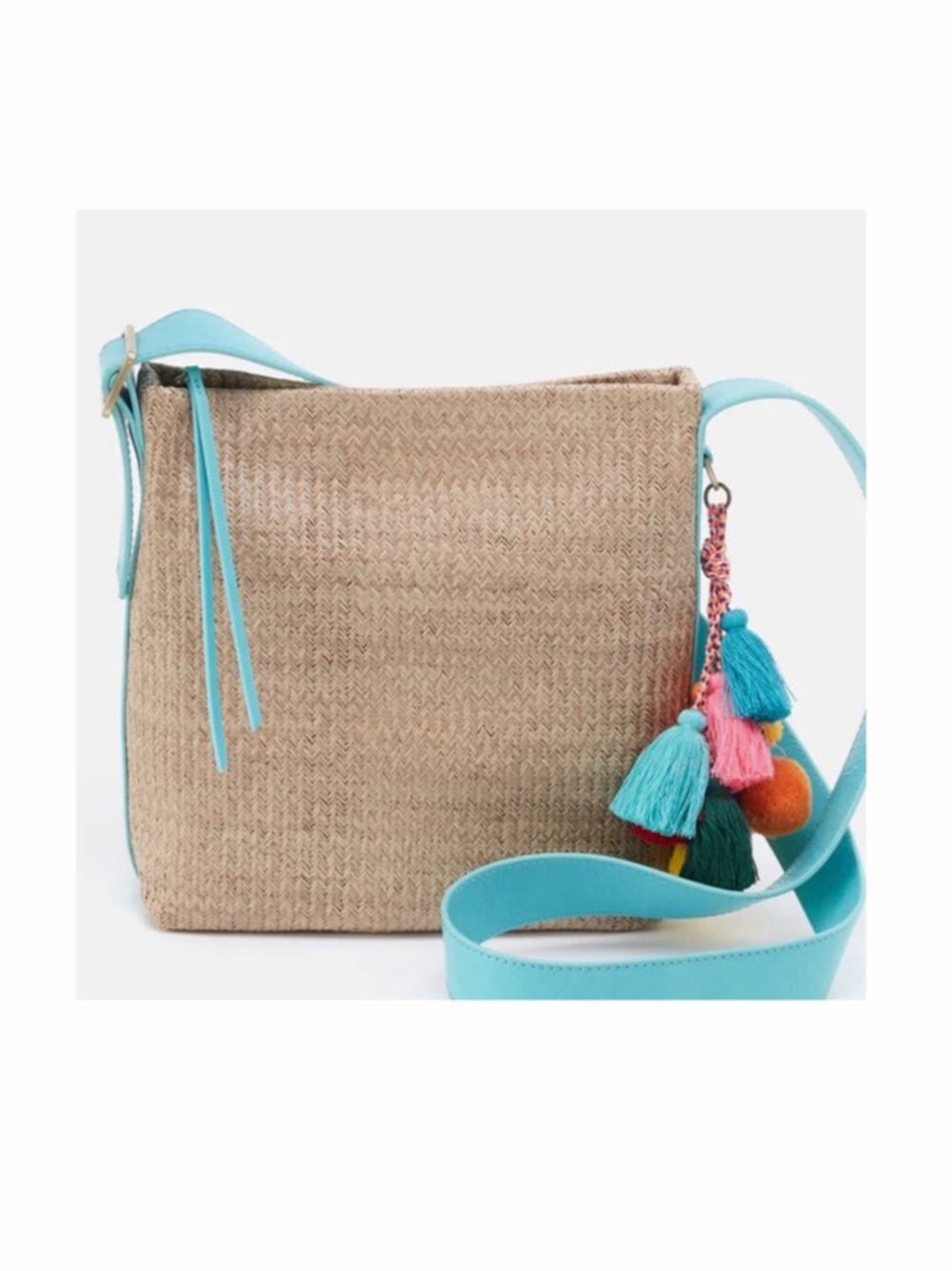 NWT Hobo Blaze Bucket Crossbody Soft Raffia Straw w Turquoise Blue Trim Bag